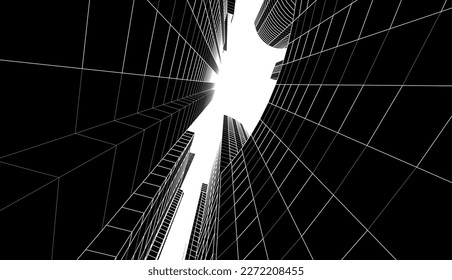 City skyscrapers architectural drawing vector illustration
