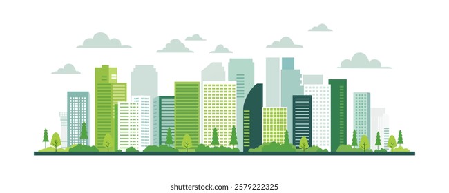 City skyscrapers and buildings. Cityscape with office buildings, trees. Green metropolis. The concept of a modern environmentally friendly city.