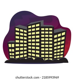 City skyscrapers with bushes on the night sky isolated in a bubble. Simple minimalistic metropolis landscape in flat style.