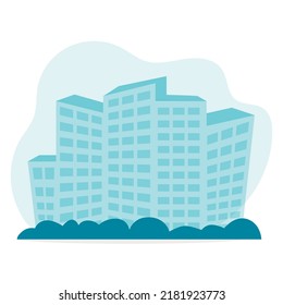 City skyscrapers with bushes on a skyline of blue isolated in a bubble. Simple minimalistic metropolis landscape in flat style.