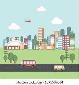 
City with skyscrapers, business buildings, buses, clouds, blue sky. Cityscape view. Large city buildings. Clipart of city real estate. Flat vector illustration isolated on background