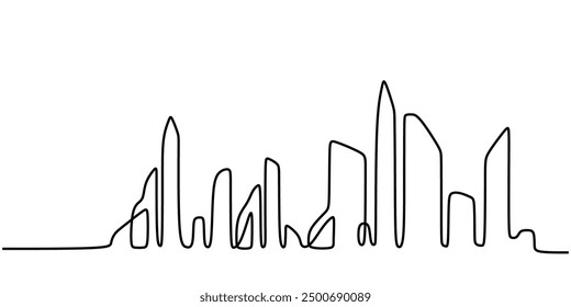 Rascacielos de la ciudad dibujado a mano silueta. Edificios de apartamentos aislados ilustración minimalista. Dibujo de Vector de una línea continuo de paisaje urbano moderno. Arquitectura de Metrópolis paisaje panorámico.