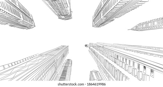 City skyscrapers hand drawn unique perspectives. Dubai. Street sketch, vector illustration