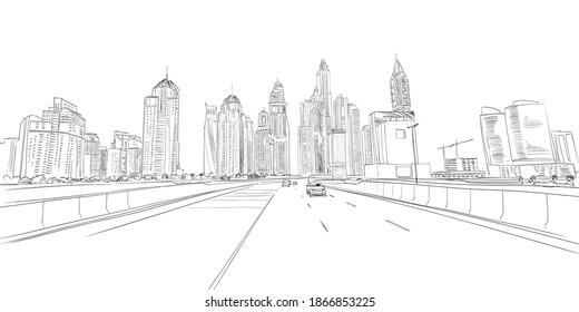 City skyscrapers hand drawn unique perspectives. Dubai. Street sketch, vector illustration