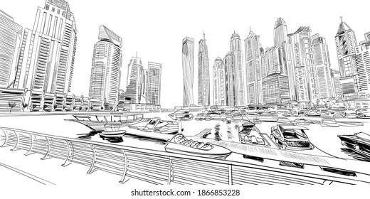 City Skyscrapers Hand Drawn Unique Perspectives. Dubai. Street Sketch, Vector Illustration