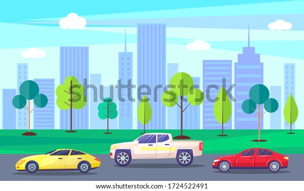City with skyscrapers and high rises in spring.\
Streets filled with cars, vehicles on roads. Urban landscape with\
green trees along highway. Skyline with buildings of city. Vector\
in flat style