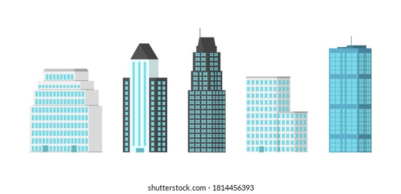 City skyscrapers isolated on white background. Skyscrapers with glittering glass facades in the city center. Modern flat vector illustration, eps 10.