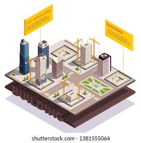 City skyscrapers isometric composition with images of sliced ground layers with modern tall buildings under construction vector illustration