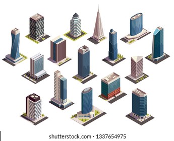 City skyscrapers isometric set of isolated images with outdoor looks of modern buildings on blank background vector illustration