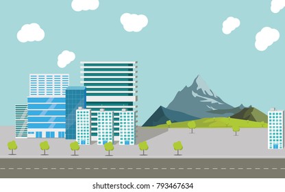 City skyscrapers. Salted trees over over the gift. Ilustration and style, road. Work office and mansion complexes, for comfortable housing. Landscape mountains, trees and grass for travel and walks.