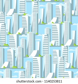 City skyscrapers seamless pattern in blue colors. Cityscape illustration for construction and tourism business.