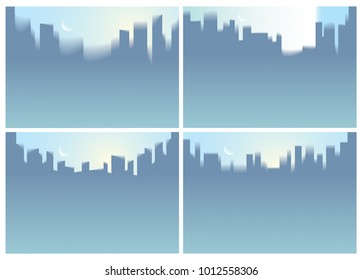 City skyscrapers silhouettes skyline vector illustrations set. Perfect minimal horizontal A4 backgrounds with copy space for text.