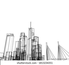 City skyscrapers sketch, architecture 3d illustration