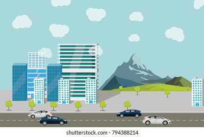 City skyscrapers, traffic transport. Salted trees over over the gift. Ilustration and style, road and cars. Work office and mellow complexes. Landscape mountains, trees and grass for travel and walks.