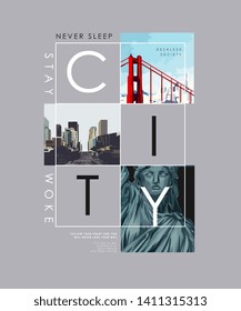 city slogan with city view and liberty statue illustration