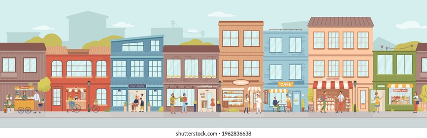 City small buildings facade exterior design. Vector urban street with local markets, flower florist shop, bakery and barbershop, clothing boutiques and cafes, restaurants and cafeterias, people