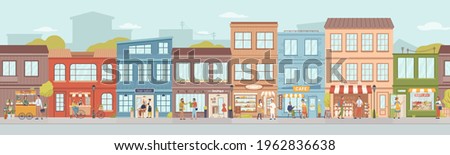 City small buildings facade exterior design. Vector urban street with local markets, flower florist shop, bakery and barbershop, clothing boutiques and cafes, restaurants and cafeterias, people