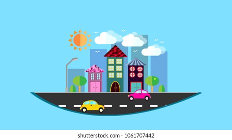 A city, a small city hanging in the air in a flat style with houses with a sloping tile roof, cars, trees, birds, clouds, sun, road, lantern in the afternoon on a blue background. Vector illustration