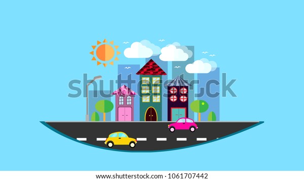 A city, a small city hanging in the air in a\
flat style with houses with a sloping tile roof, cars, trees,\
birds, clouds, sun, road, lantern in the afternoon on a blue\
background. Vector\
illustration
