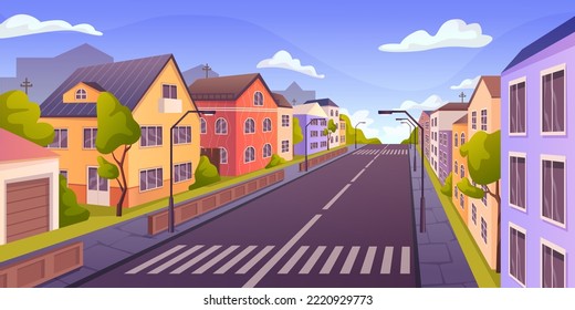 City or small town empty road with rows of houses, outdoors lights and pavements. Cityscape with apartments and green trees growing. Vector illustration