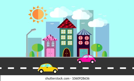 The city, a small town in flat style with houses with a sloping tile roof, cars, trees, birds, clouds, sun, road, lantern on a blue background. Vector illustration
