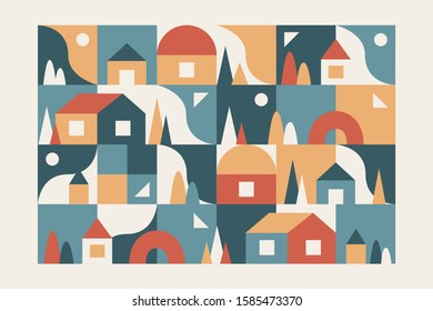 City, small town geometric abstract landscape with buildings, hills and trees. Seamless geometric pattern. Simple minimal geometric style. Trendy flat style. Vector illustration.