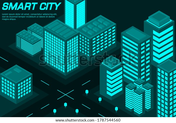 A city or smart building isometric\
vector concept. A modern smart city, urban planning and development\
infrastructure of buildings with city\
services.