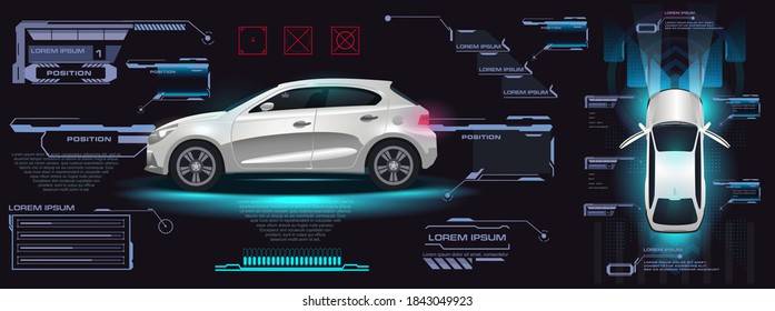 City intelligentes Elektroauto. Auto-Benutzeroberfläche HUD, GUI, UI. Dashboard mit Auto und Einstellungen. Virtuelle grafische Benutzeroberfläche. Fahrzeug mit Optionen und Einstellungen. Vektorgrafik