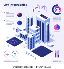 City smart infographic. Urban digital innovation future office futuristic architecture skyscraper smart cities vector business concept. Future smart building, architecture digital illustration