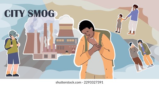 City smog composition with collage of flat icons characters of coughing people with factory and fog vector illustration