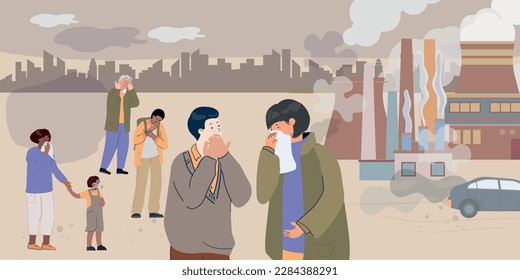 City smog composition with flat cityscape fuming factory and choking people with clouds of toxic smoke vector illustration