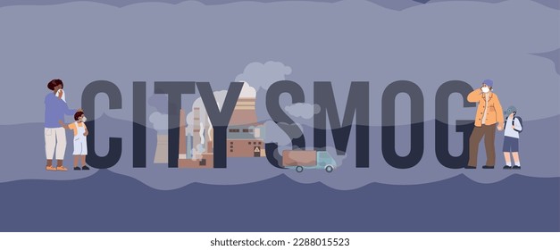 City smog composition with flat text surrounded by image of foggy factory with truck and people vector illustration