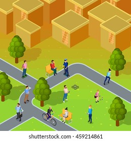 City society composition depicting walking and working people in city near blocks of flats isometric vector illustration