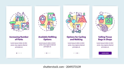 City solutions onboarding mobile app page screen. Recycling and reuse walkthrough 4 steps graphic instructions with concepts. UI, UX, GUI vector template with linear color illustrations
