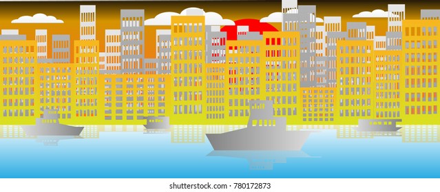 City spaces in the evening with building and boat on the river and sunshine background, 
vector art and illustration.