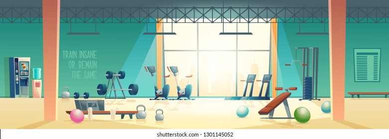 City sport club empty interior cartoon vector. Various fitness equipment and machines for body workout and exercises with weights in spacious gym illustration. Active and healthy lifestyle background