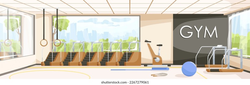 El club deportivo de la ciudad tiene un interior vacío. Equipamiento de fitness y máquinas de gimnasia para ejercicios corporales y ejercicios con sala interior de musculación. Carretera profesional, bicicleta, parador y bola azul. Ilustración del vector