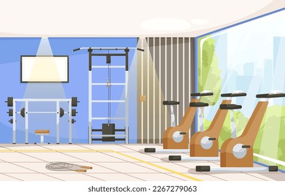 City sport club empty interior. Fitness equipment and gym machines for body workout and exercises with weights indoor room. Professional cardio bicycle, barbell bench and dumbbell. Vector illustration