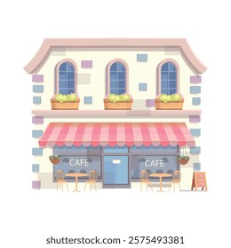 City spring. House, shop, cafe. Cozy House for street in flat cartoon style.