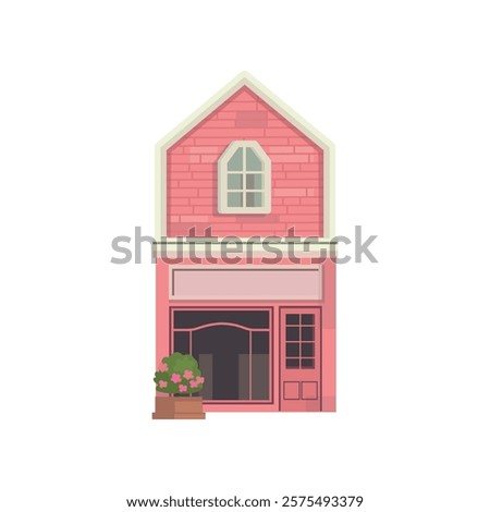 City spring. House, shop, cafe. Cozy House for street in flat cartoon style.