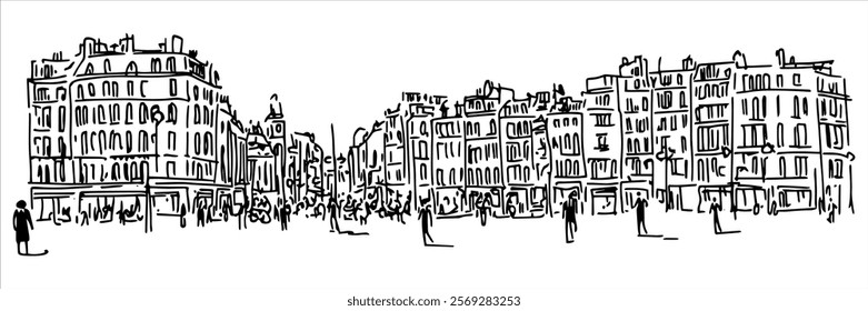 city square with historic buildings and pedestrians, hand drawn sketch