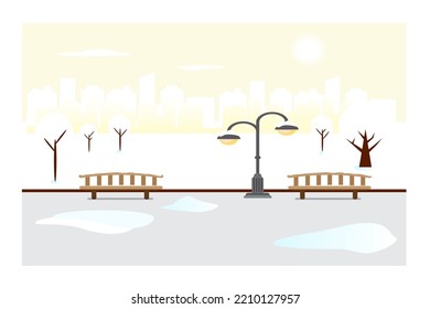 City square with snowy trees and frost on a snowy city landscape. Vector illustration.