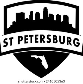 City of St Petersburg Florida black and white shield style city buildings silhouette shield graphic with knockout white outline of the state border shape under name. Vector eps design. 