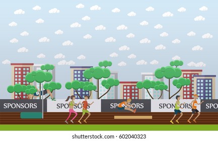 City stadium flat design vector illustration. Sportsmen and sportswomen running and jumping. Track and field athletics competition. Individual sports.
