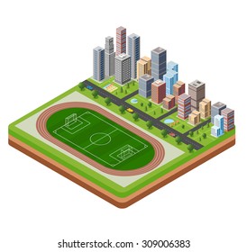 City stadium with a highway with cars and trees isometric view