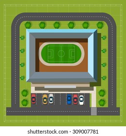 City stadium with a highway with cars and trees top view