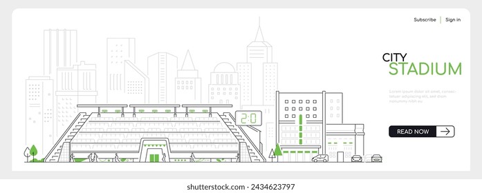 City stadium - modern thin line design style vector banner on white urban background. Composition with stands for fans and a platform for athletes, parking and a panorama of the city. Urban life