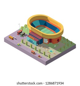 City stadium with soccer field and fans buses on parking isometric vector icon isolated on white background. Urban building, town sport infrastructure object, cartography design element illustration