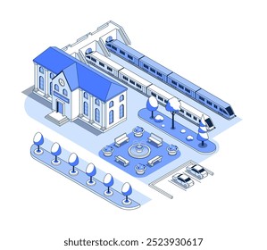 City station with platform - vector isometric illustration. Municipal building with a clock, departure point, park area with a fountain, flower beds and a bench, parking with cars. Urban style idea