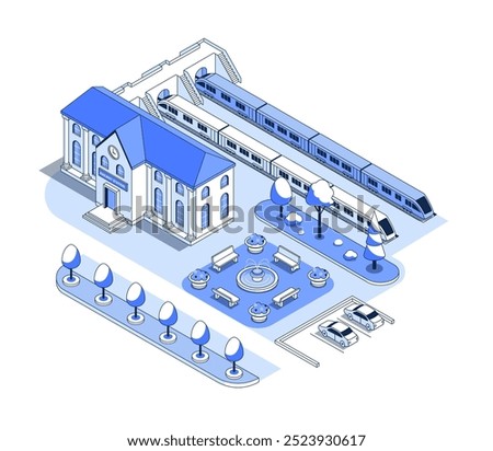 City station with platform - vector isometric illustration. Municipal building with a clock, departure point, park area with a fountain, flower beds and a bench, parking with cars. Urban style idea